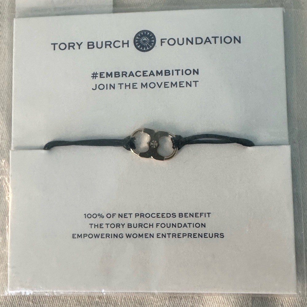 Tory Burch Black Cord #embraceambition Bracelet with Gold Charm NWT
